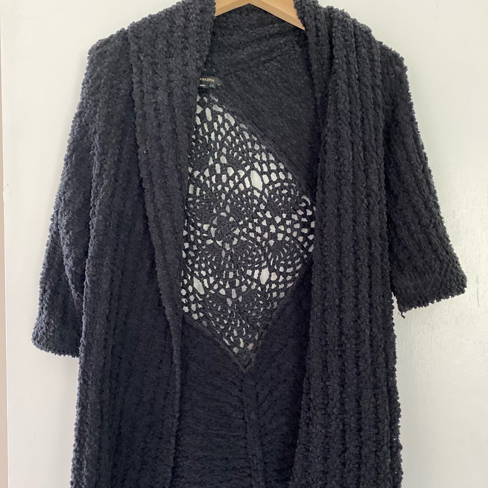 Black knit cardigan, open knit designed back